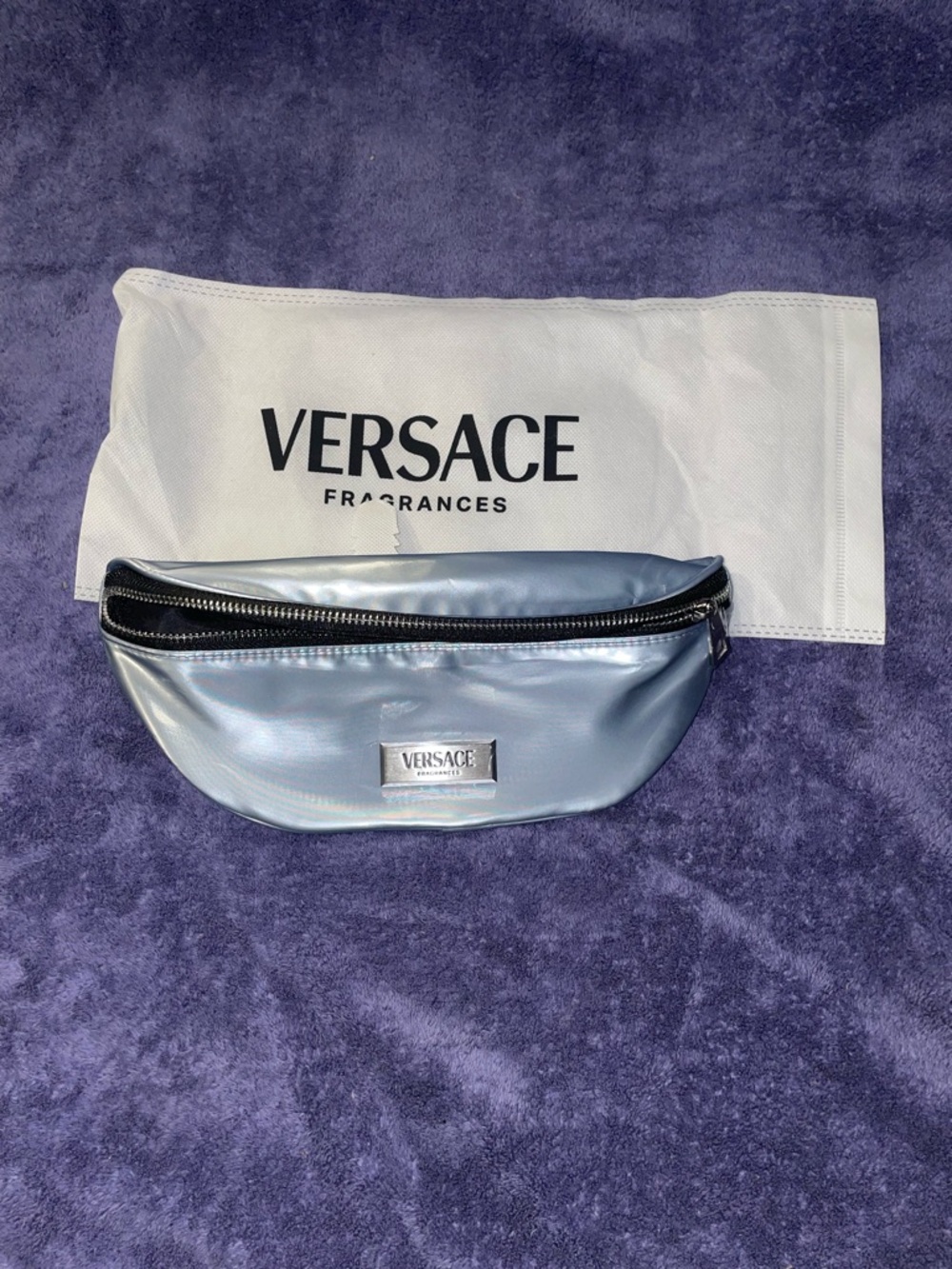 Versace Metallic Light Blue Belt Bag with Silver Plaque